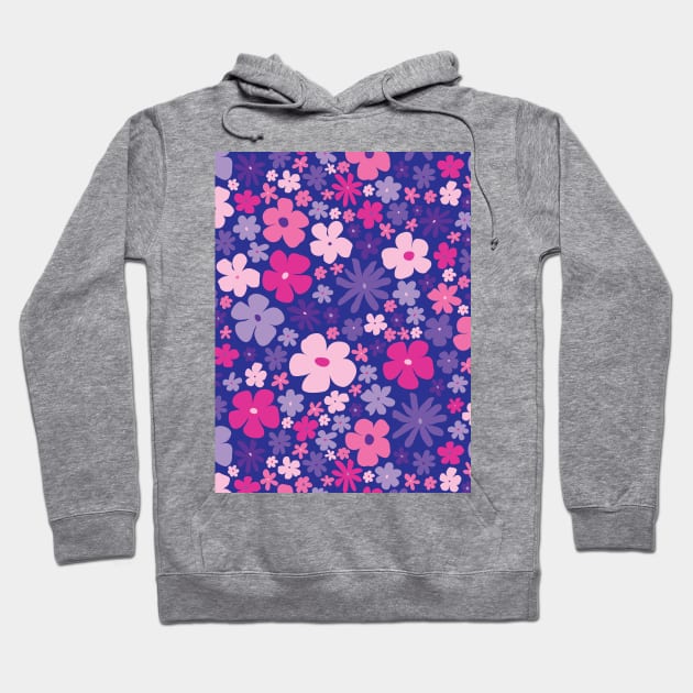 retro purple florals, hot pink, groovy 60s pattern, 70s flowers, purple flowers, girly, for teen girl Hoodie by blomastudios